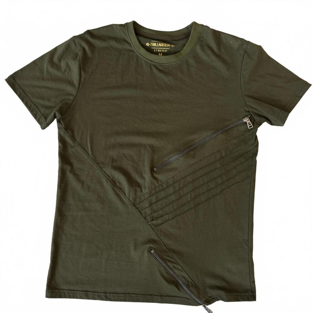 TrillNation Men's Stretch T-Shirt with Zipper Detail -‎ Olive Green-Medium